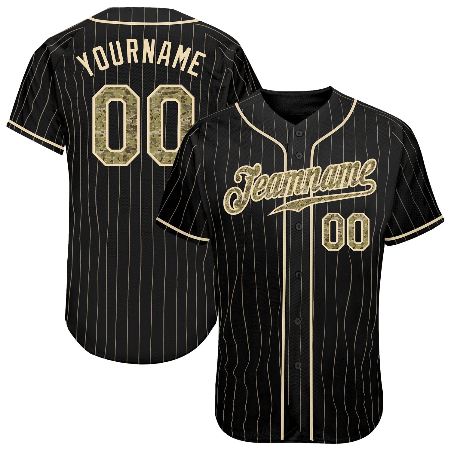 Custom Black Cream Pinstripe Camo-Cream Authentic Baseball Jersey baseball jersey product view 1