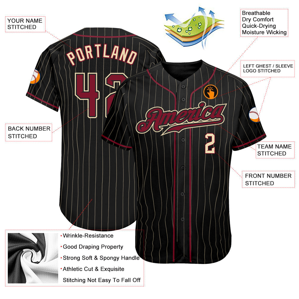Custom Black Cream Pinstripe Crimson-Cream Authentic Baseball Jersey baseball jersey product view 3