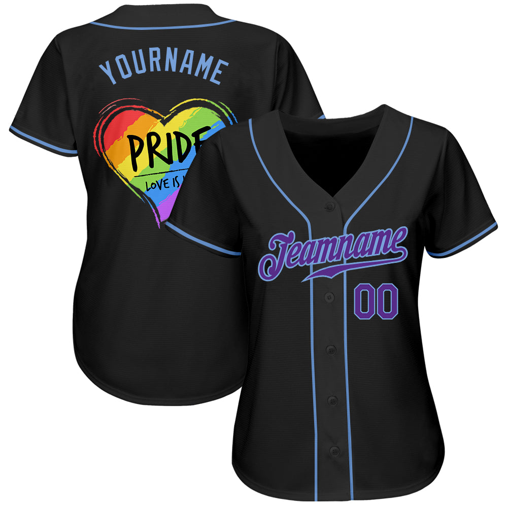 Custom Black Purple-Light Blue Rainbow Colored Heart For Pride Love Is Love LGBT Authentic Baseball Jersey baseball jersey product view 3