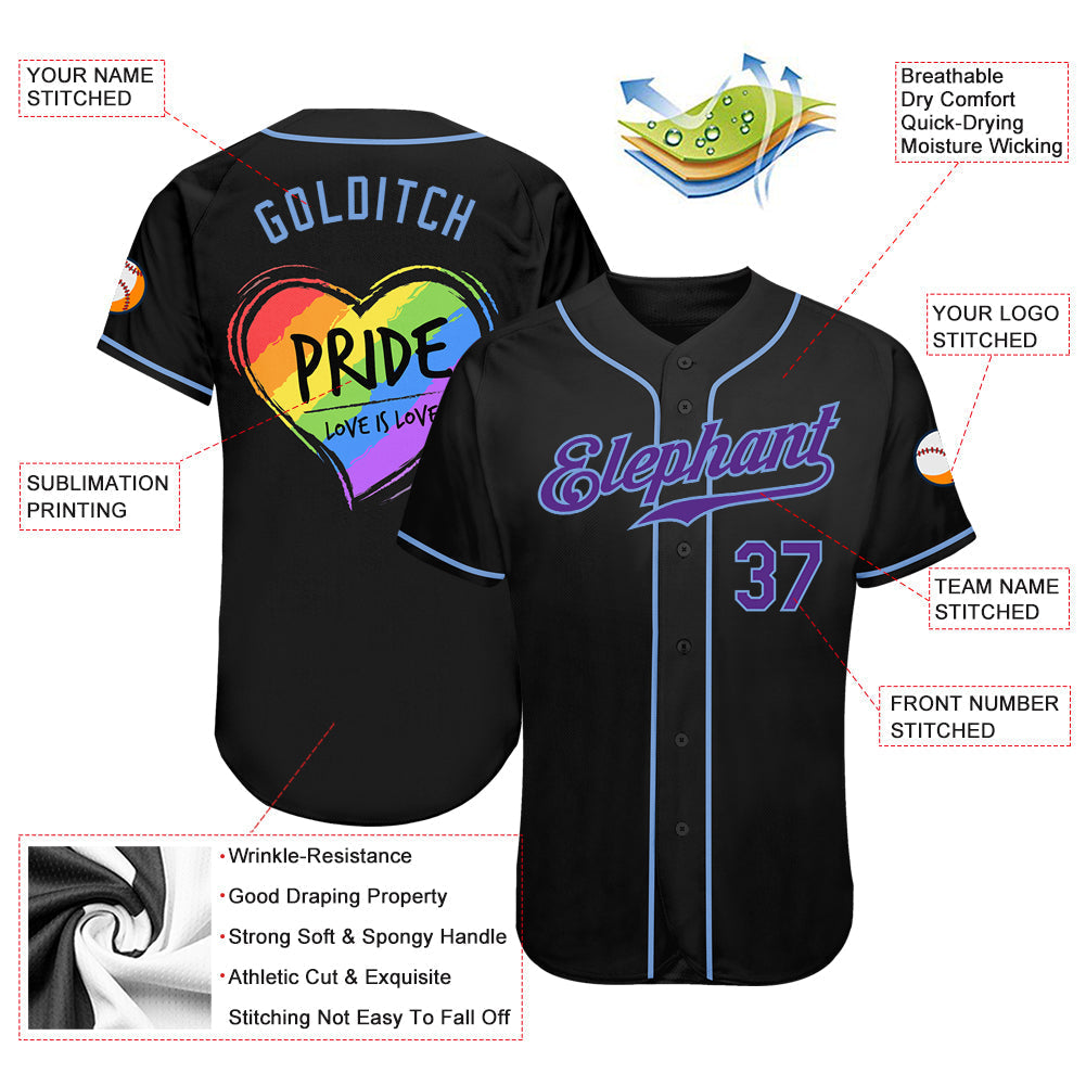 Custom Black Purple-Light Blue Rainbow Colored Heart For Pride Love Is Love LGBT Authentic Baseball Jersey baseball jersey product view 4