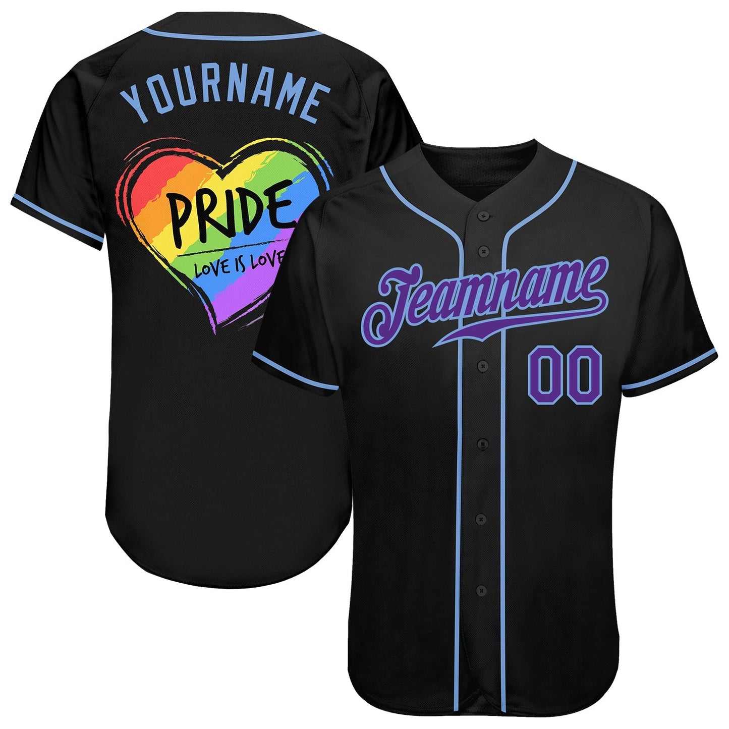 Custom Black Purple-Light Blue Rainbow Colored Heart For Pride Love Is Love LGBT Authentic Baseball Jersey baseball jersey product view 1