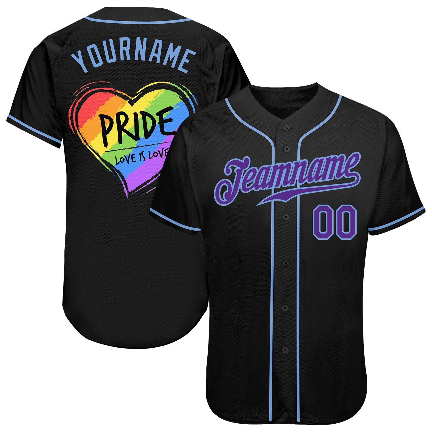 Custom Black Purple-Light Blue Rainbow Colored Heart For Pride Love Is Love LGBT Authentic Baseball Jersey baseball jersey product view 1
