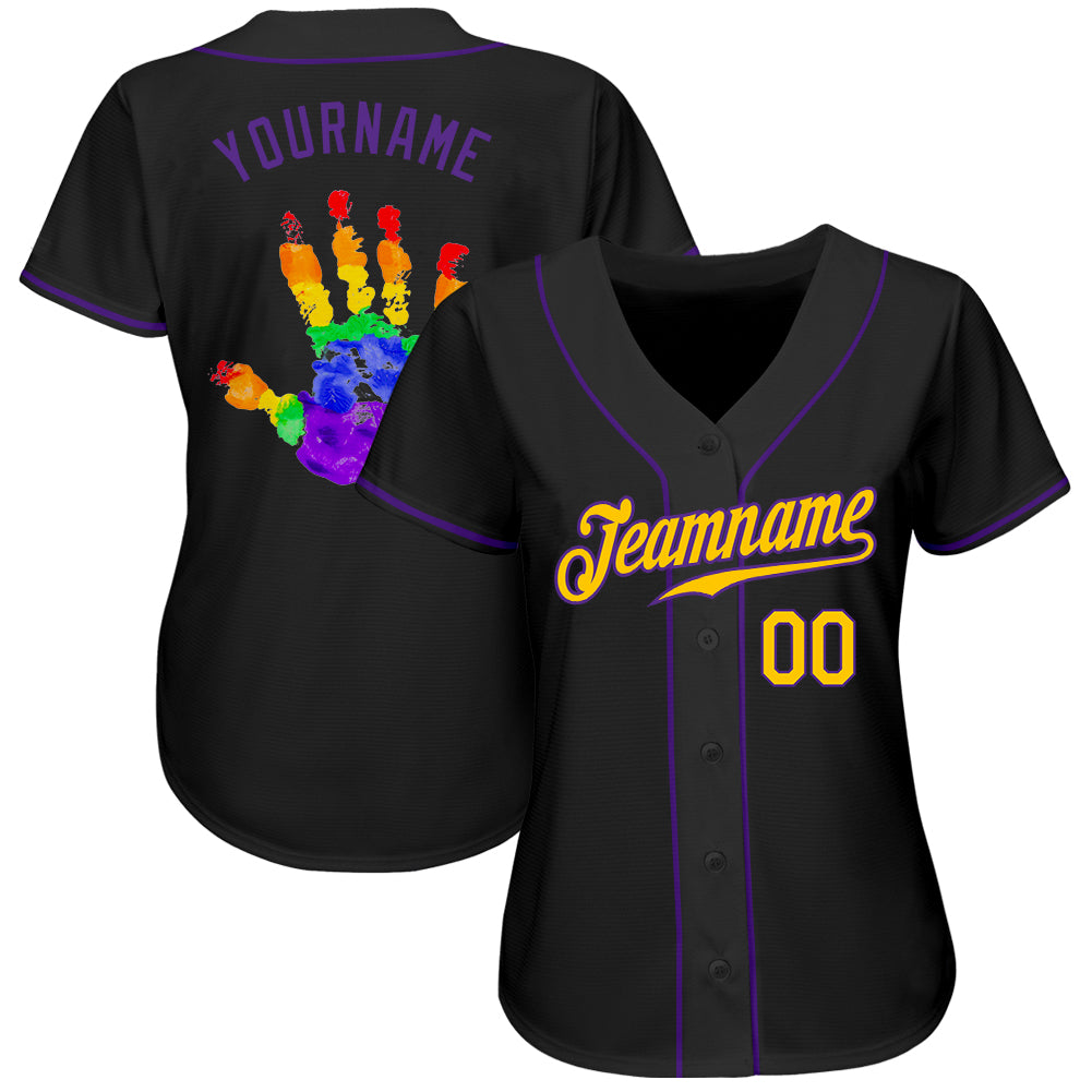 Custom Black Gold-Purple Rainbow Colored Hand For Pride LGBT Authentic Baseball Jersey baseball jersey product view 3