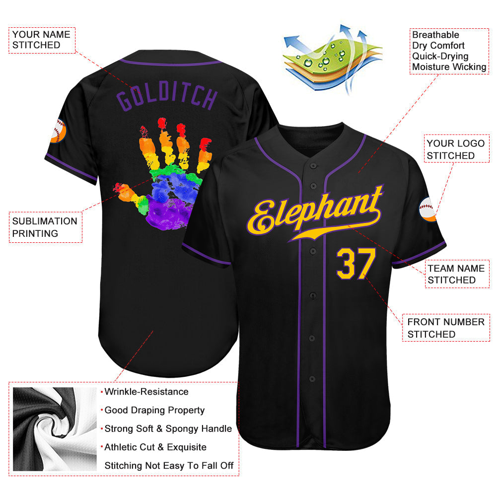 Custom Black Gold-Purple Rainbow Colored Hand For Pride LGBT Authentic Baseball Jersey baseball jersey product view 4