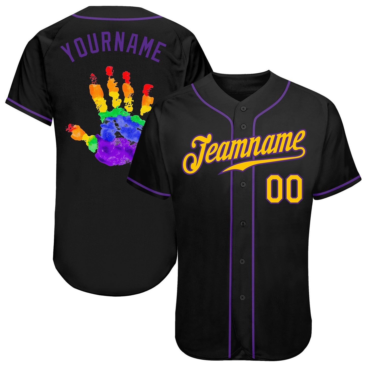 Custom Black Gold-Purple Rainbow Colored Hand For Pride LGBT Authentic Baseball Jersey baseball jersey product view 1