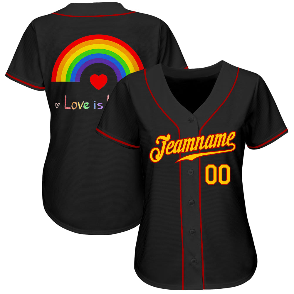 Custom Black Gold-Red Rainbow For Pride Month Love Is Love LGBT Authentic Baseball Jersey baseball jersey product view 3