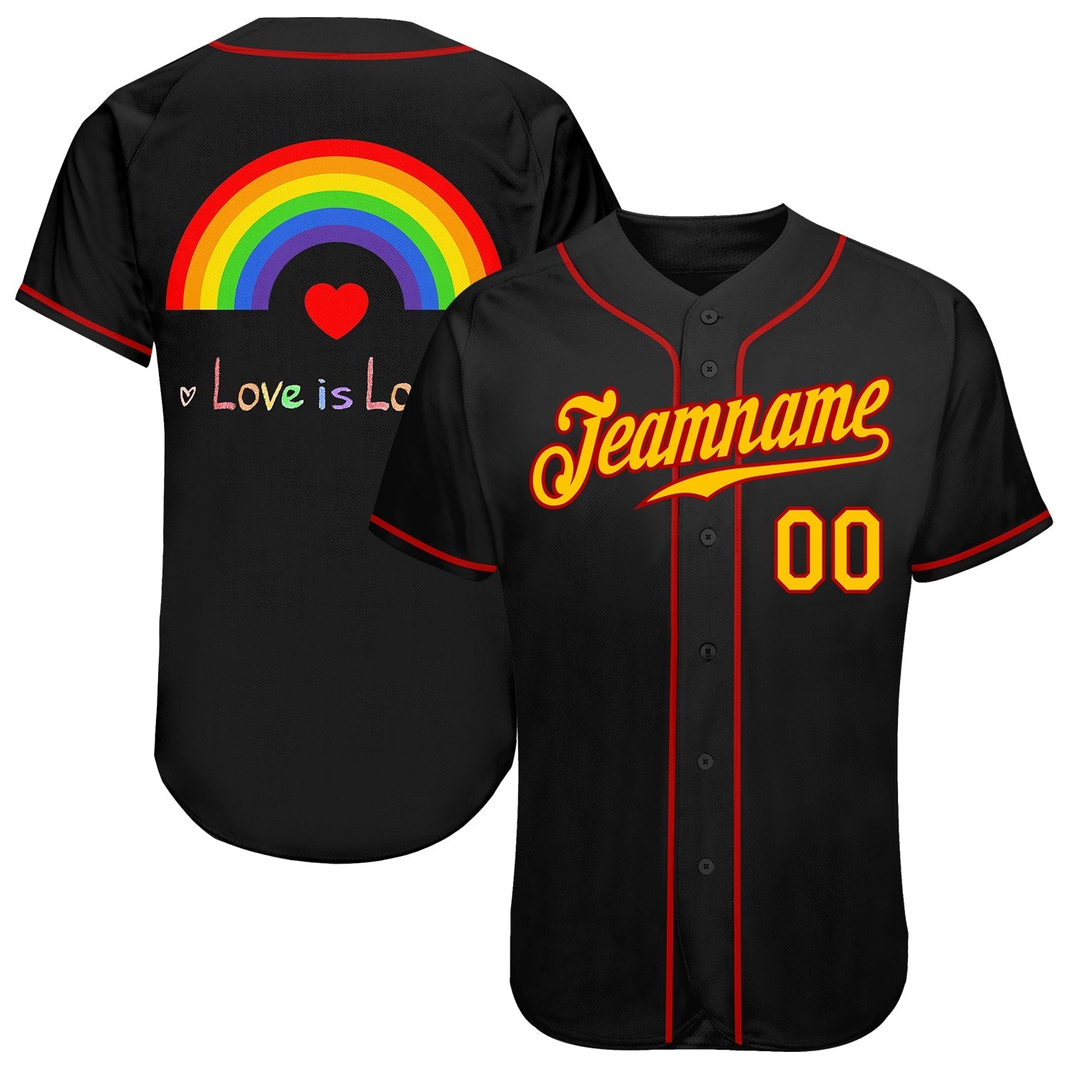 Custom Black Gold-Red Rainbow For Pride Month Love Is Love LGBT Authentic Baseball Jersey baseball jersey product view 1