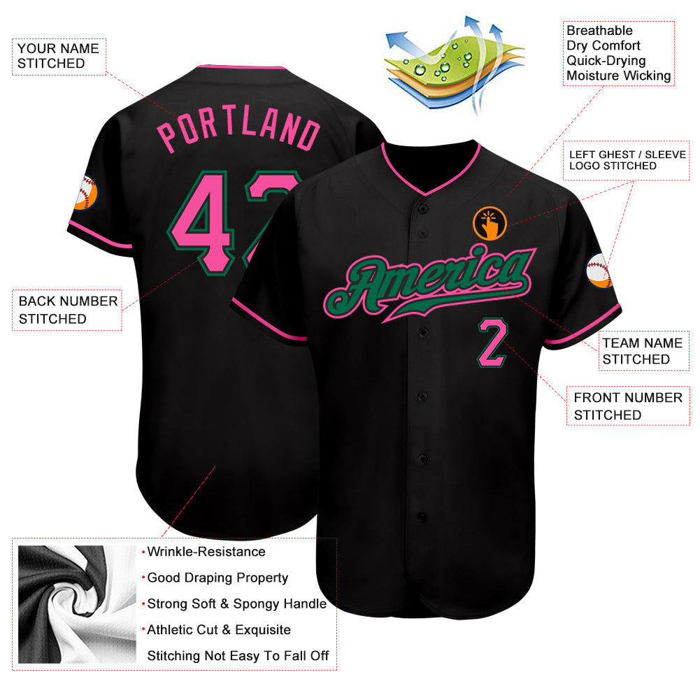 Custom Black Pink-Kelly Green Authentic Baseball Jersey baseball jersey product view 3