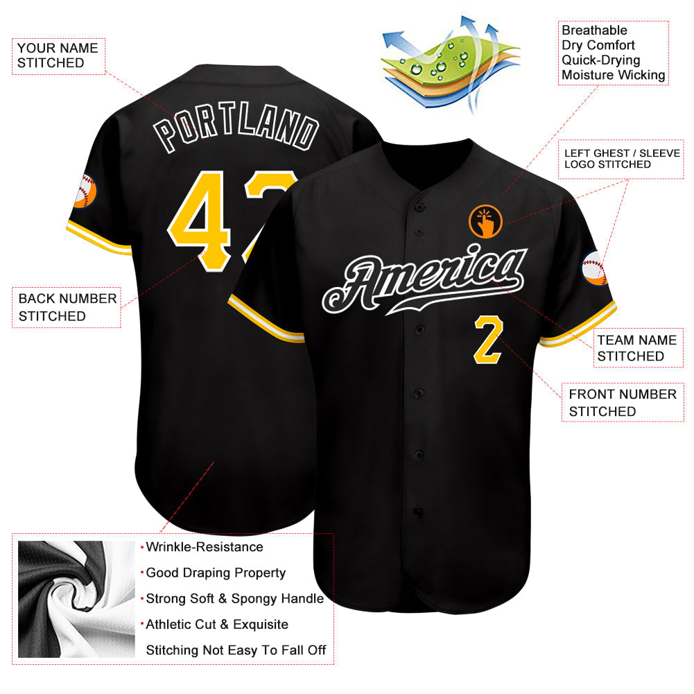 Custom Black Gold-White Authentic Baseball Jersey baseball jersey product view 3