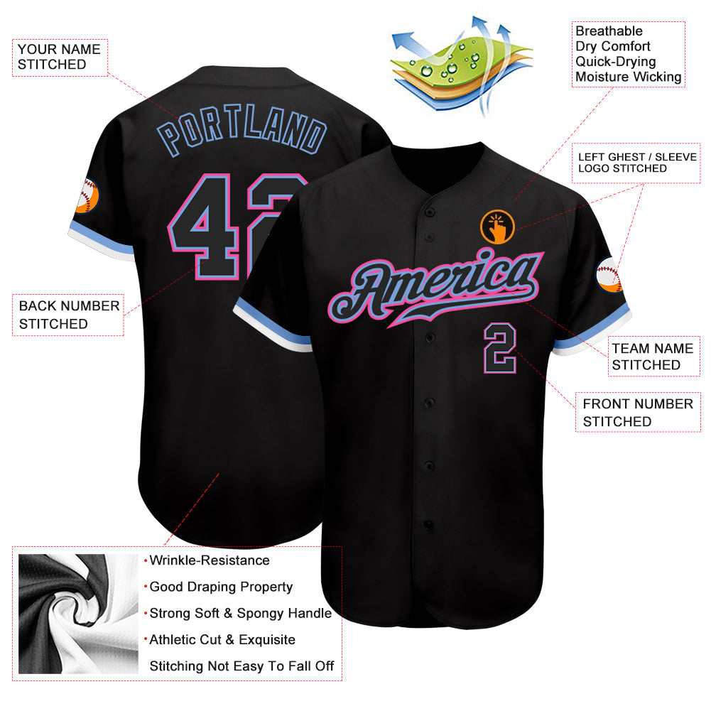 Custom Black Black Light Blue Pink-White Authentic Baseball Jersey baseball jersey product view 3