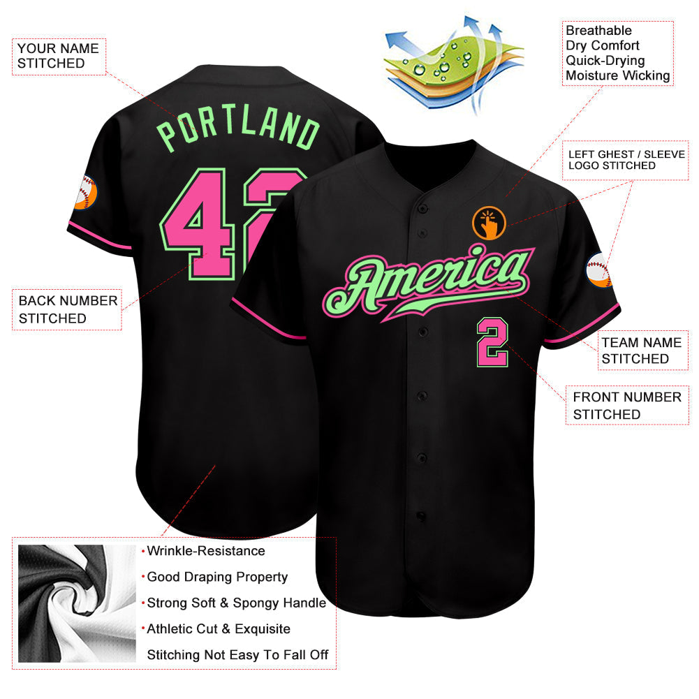 Custom Black Pink-Pea Green Authentic Baseball Jersey baseball jersey product view 3