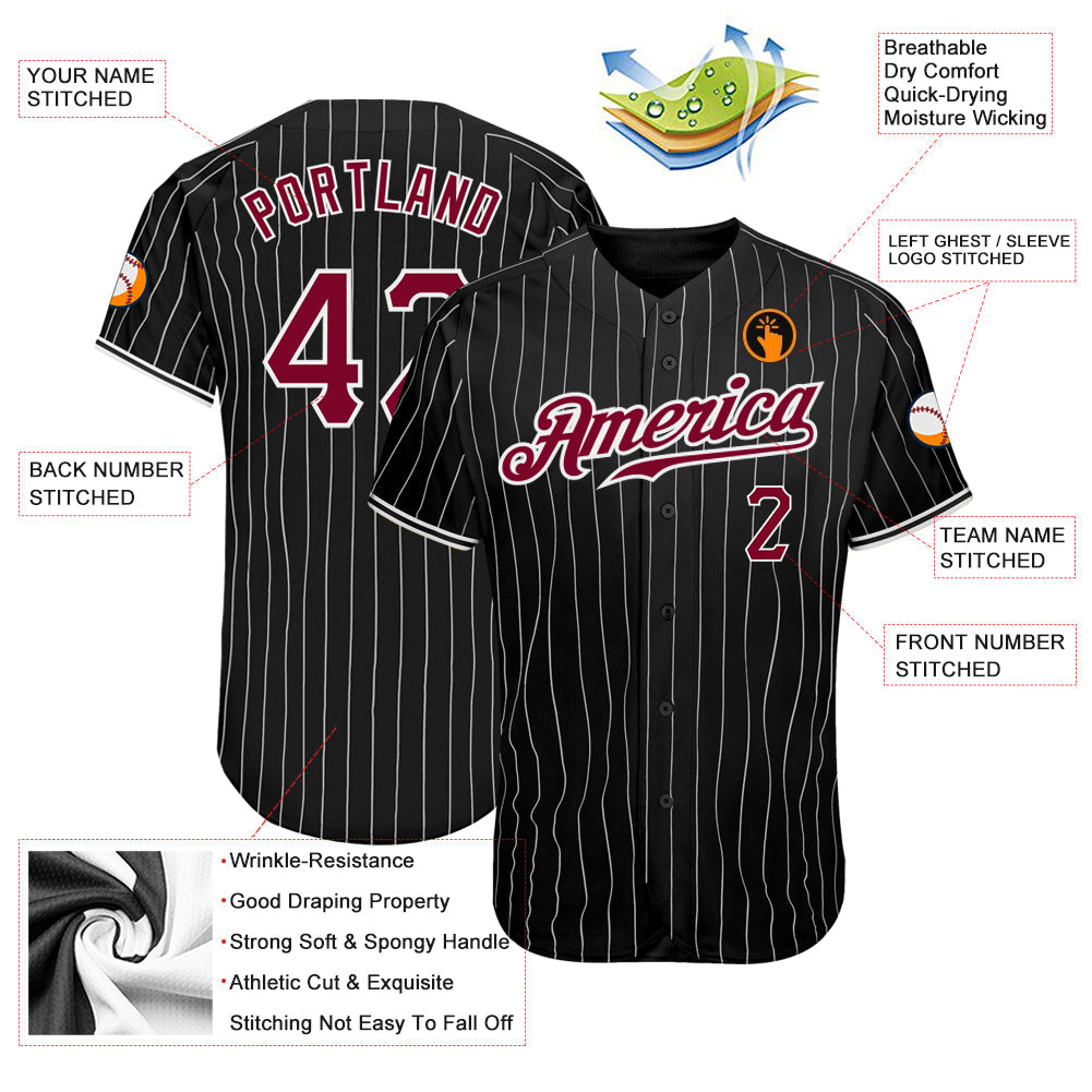 Custom Black White Pinstripe Maroon-White Authentic Baseball Jersey baseball jersey product view 4