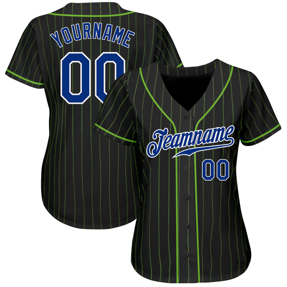 Custom Black Neon Green Pinstripe Royal-White Authentic Baseball Jersey baseball jersey product view 2