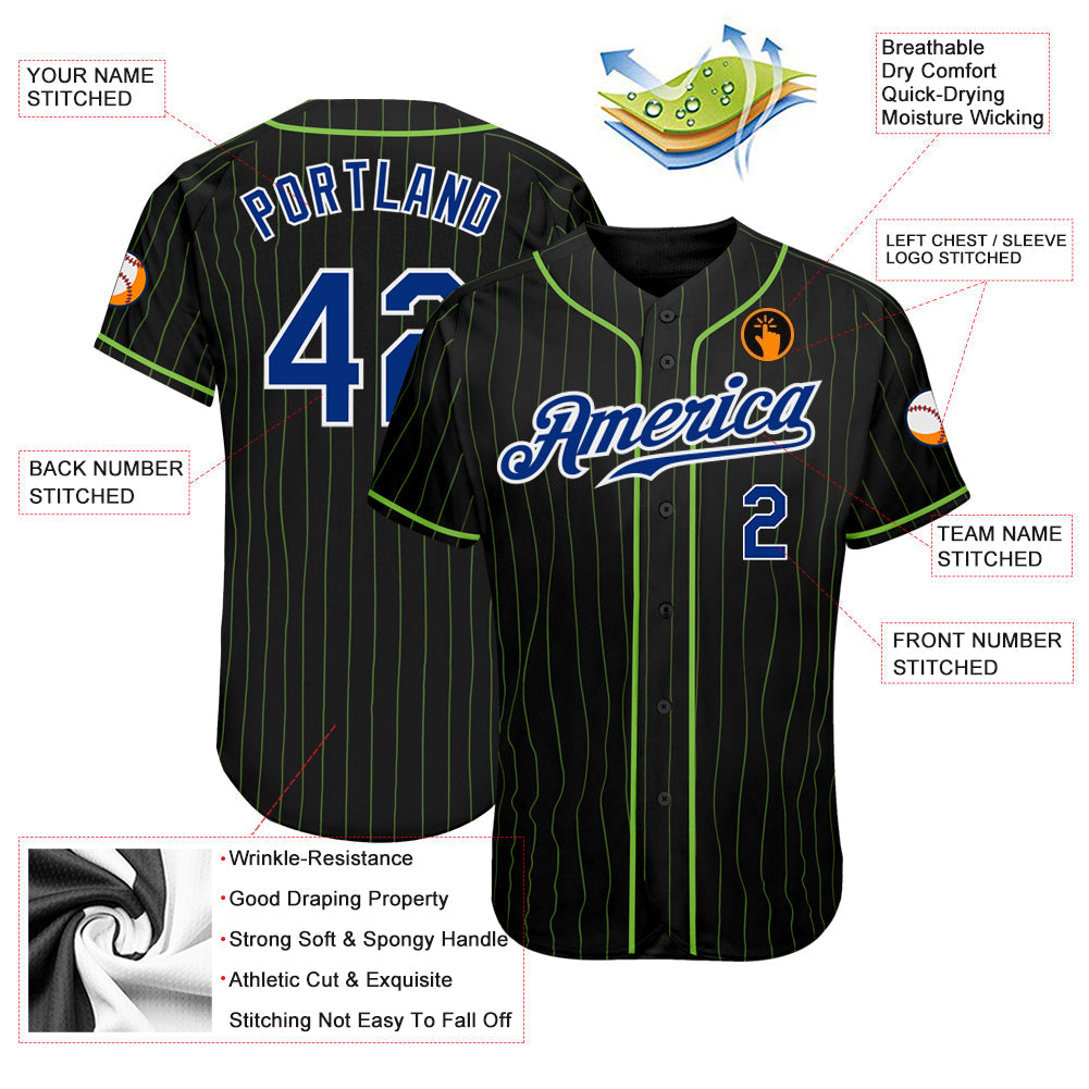 Custom Black Neon Green Pinstripe Royal-White Authentic Baseball Jersey baseball jersey product view 3