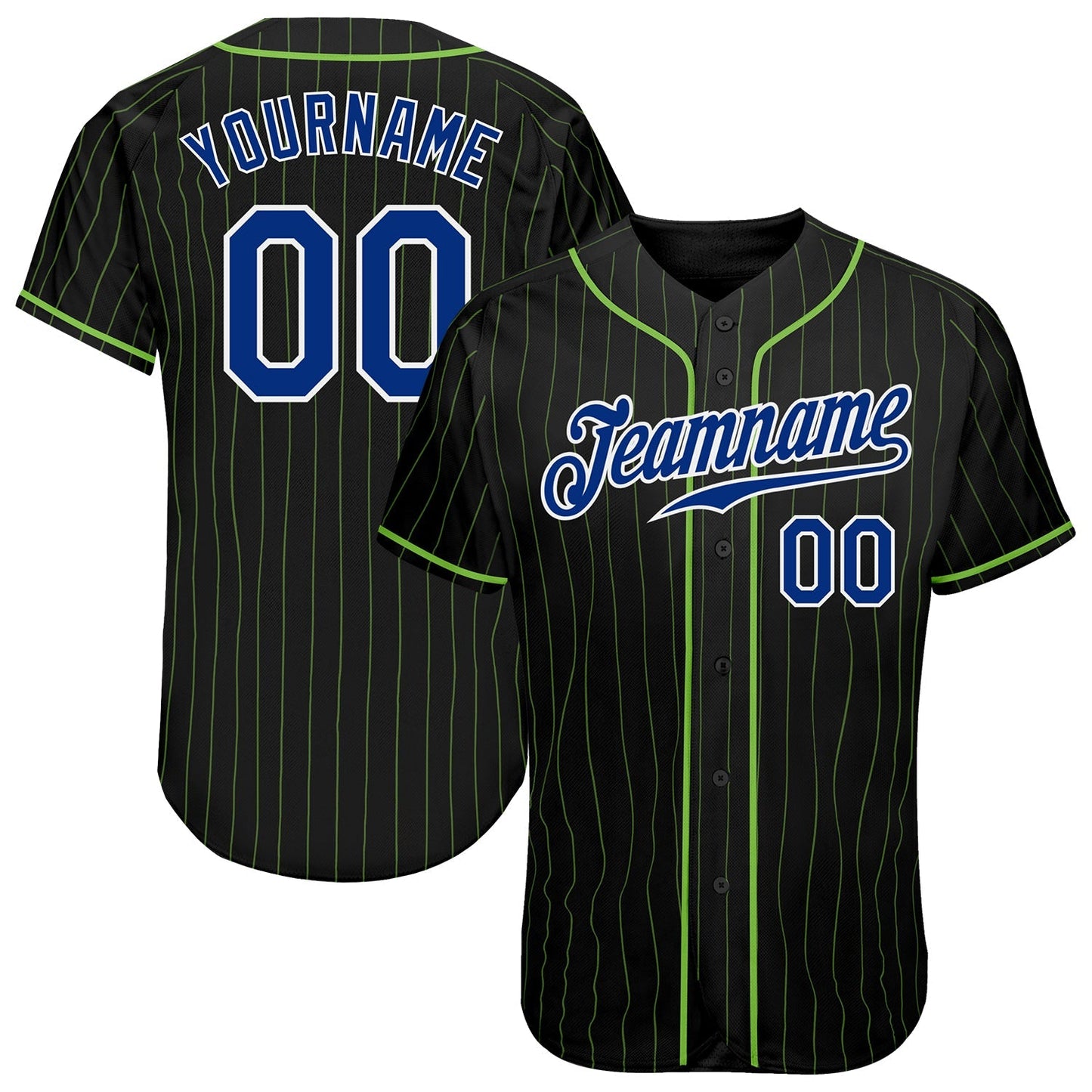 Custom Black Neon Green Pinstripe Royal-White Authentic Baseball Jersey baseball jersey product view 1