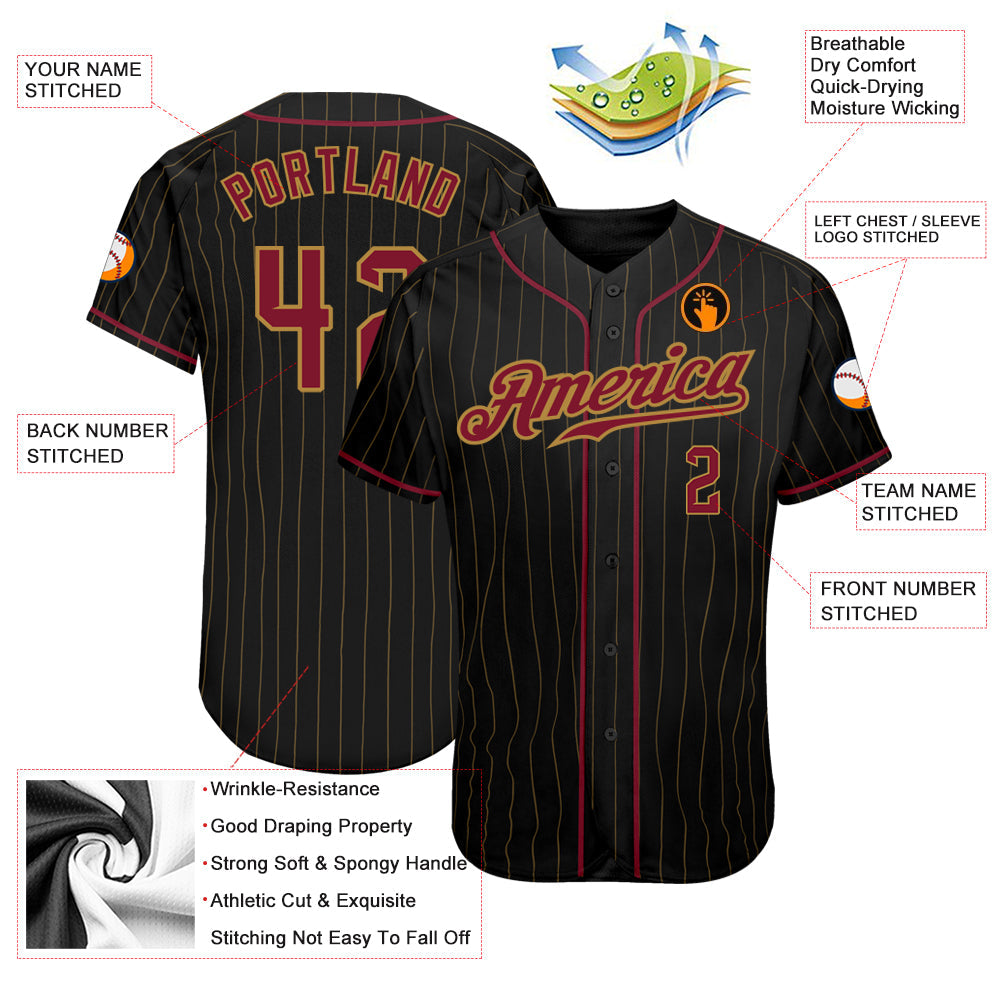 Custom Black Old Gold Pinstripe Crimson-Old Gold Authentic Baseball Jersey baseball jersey product view 3