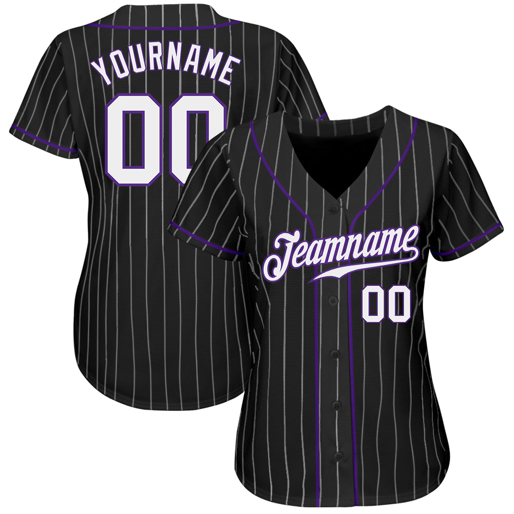 Custom Black White Pinstripe White-Purple Authentic Baseball Jersey baseball jersey product view 2