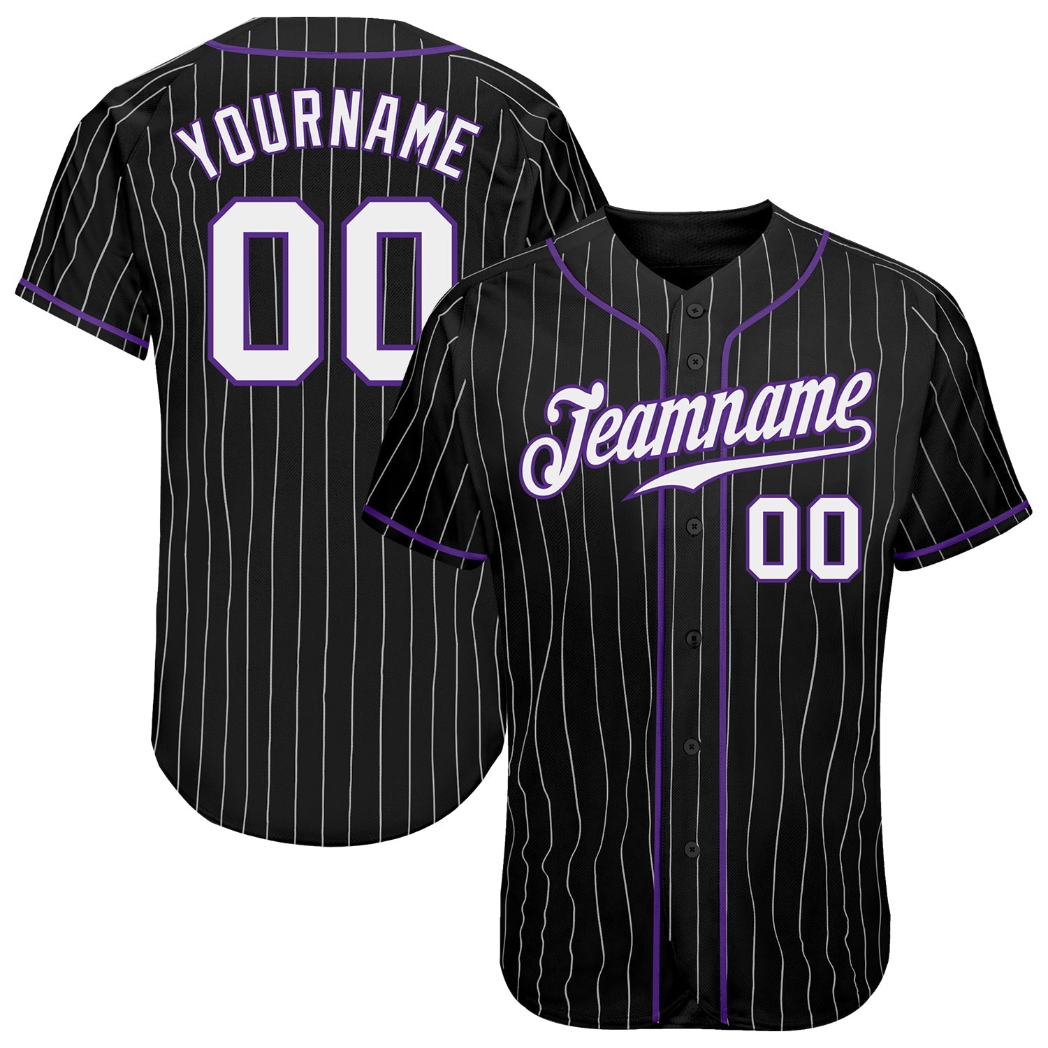 Custom Black White Pinstripe White-Purple Authentic Baseball Jersey baseball jersey product view 1