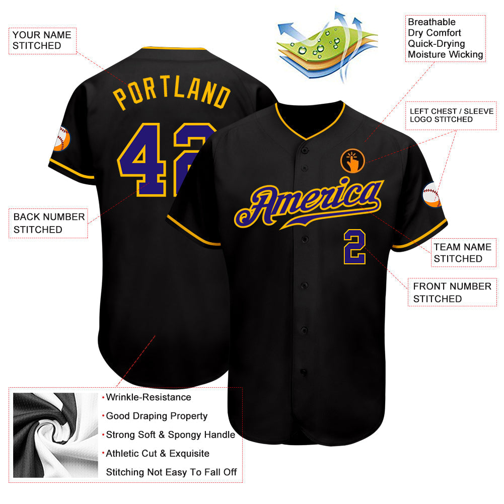 Custom Black Dark Purple-Gold Authentic Baseball Jersey baseball jersey product view 3