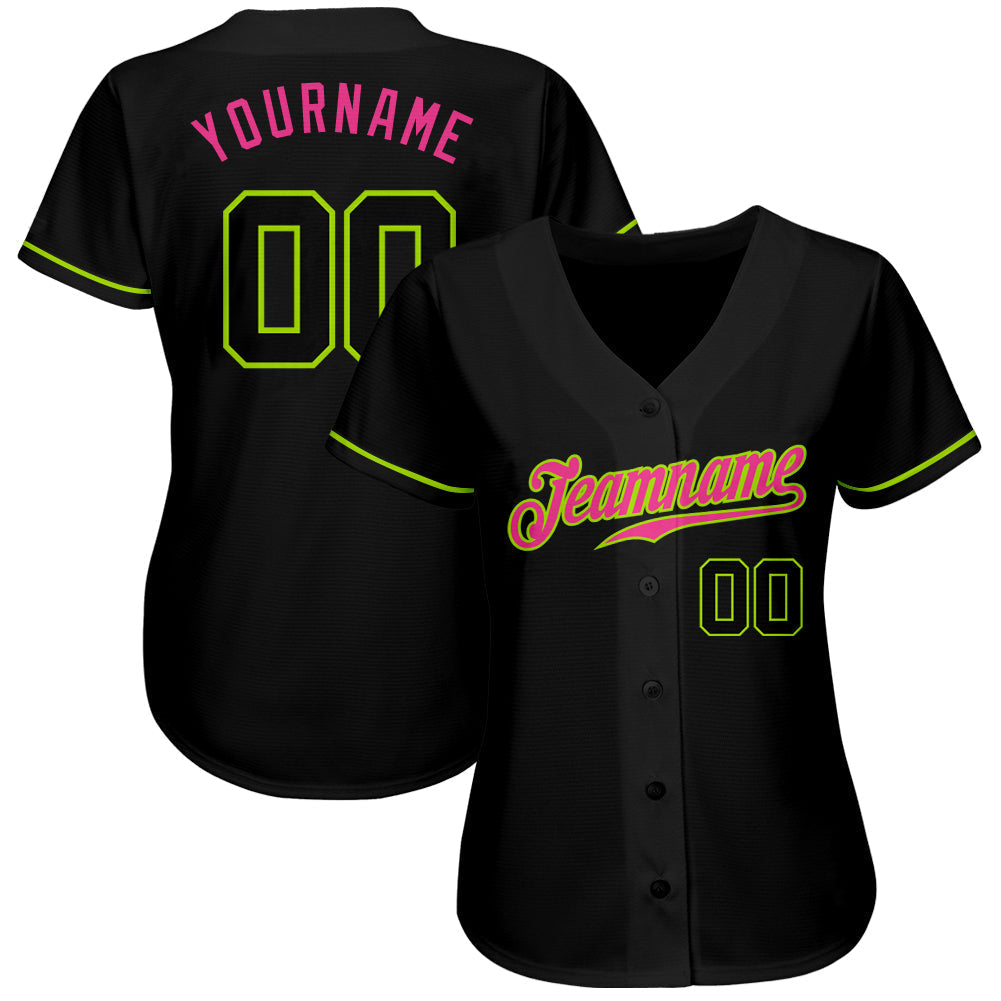 Custom Black Black Neon Green-Pink Authentic Baseball Jersey baseball jersey product view 2