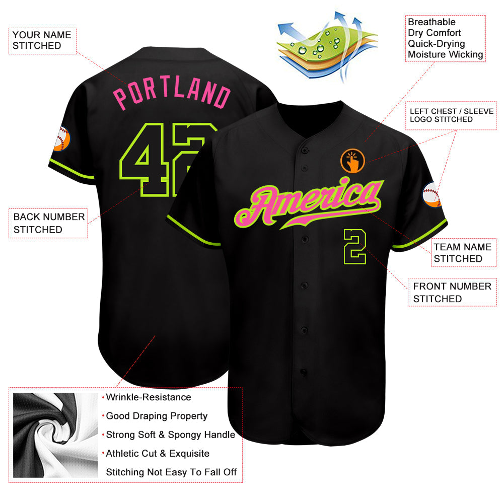Custom Black Black Neon Green-Pink Authentic Baseball Jersey baseball jersey product view 3