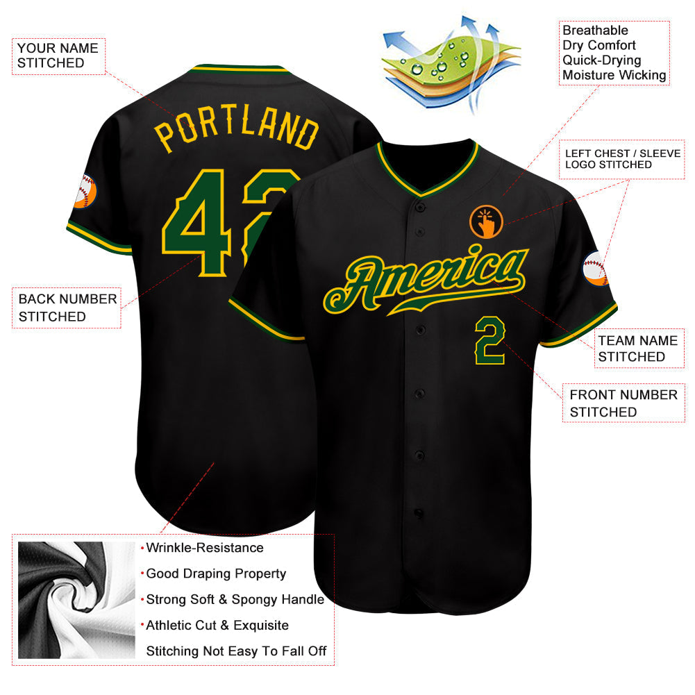 Custom Black Green-Gold Authentic Baseball Jersey baseball jersey product view 3