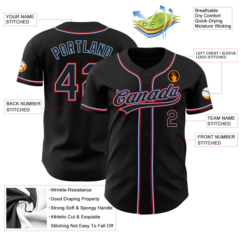 Custom Black Black Light Blue-Red Authentic Baseball Jersey baseball jersey product view 3