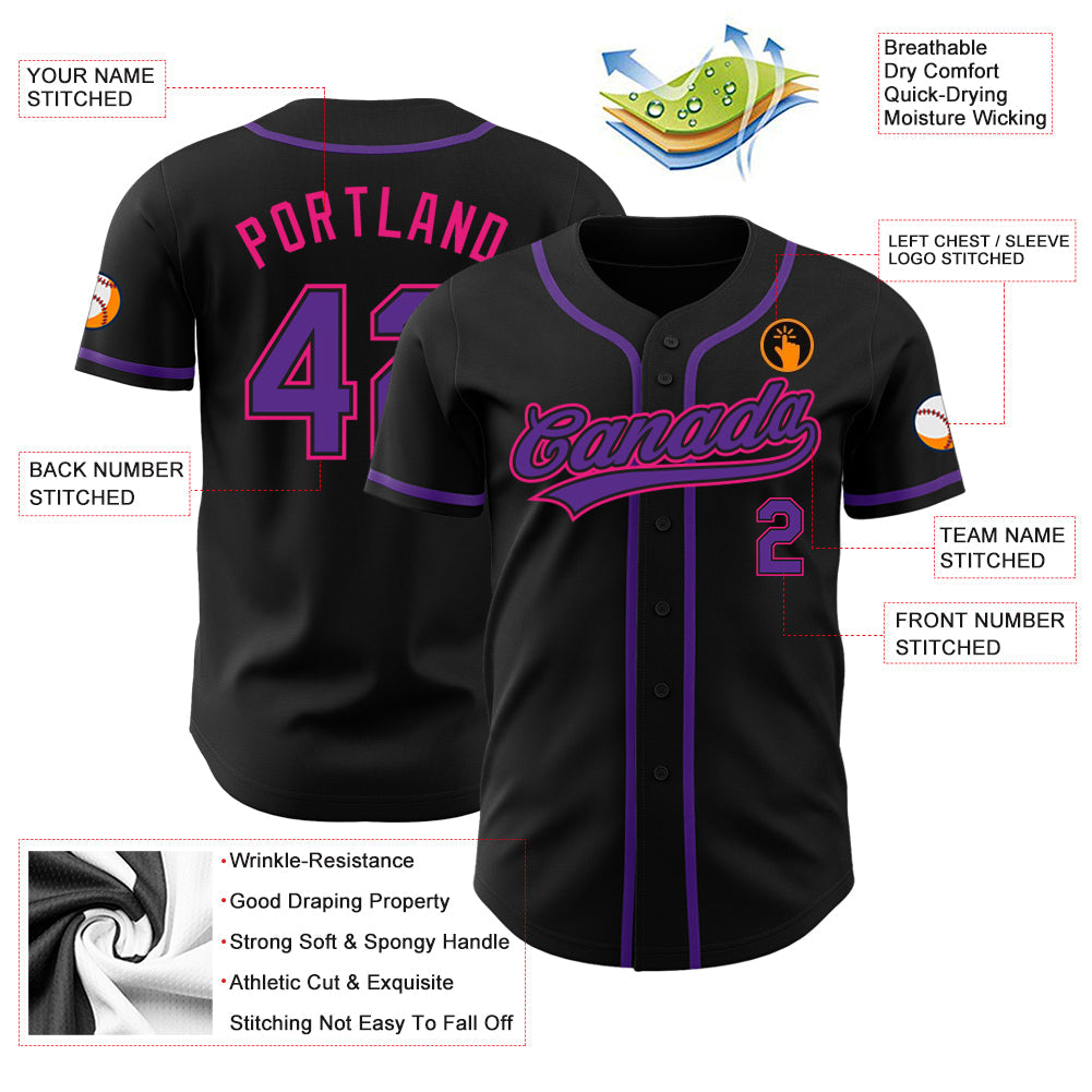 Custom Black Purple-Hot Pink Authentic Baseball Jersey baseball jersey product view 3