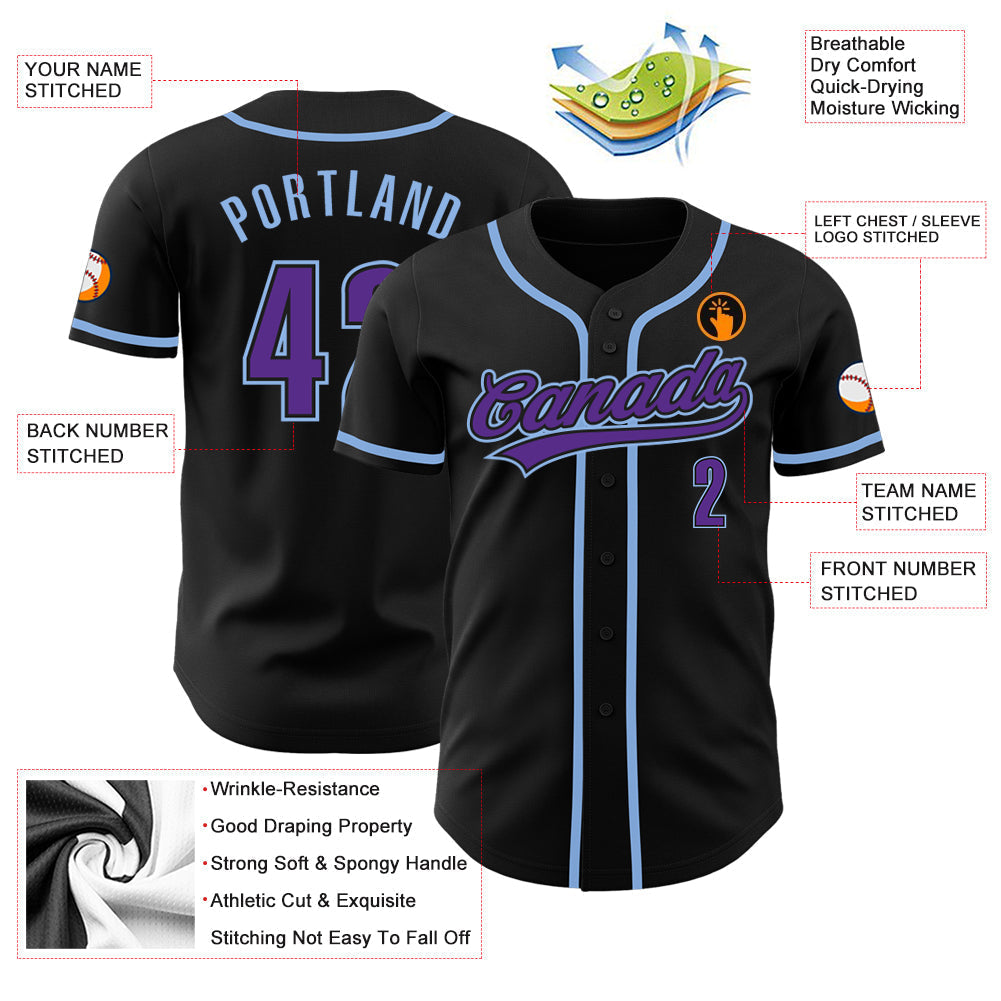 Custom Black Purpe-Light Blue Authentic Baseball Jersey baseball jersey product view 3