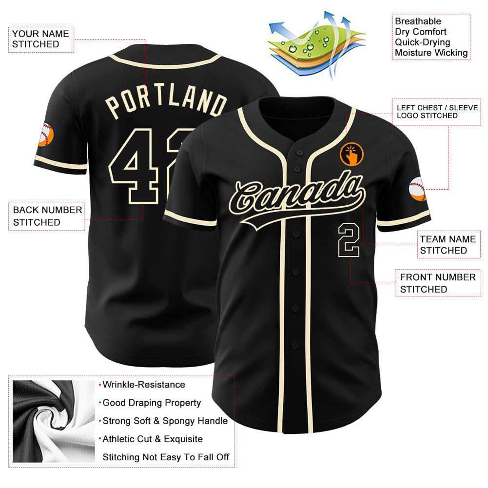 Custom Black Black-Cream Authentic Baseball Jersey baseball jersey product view 3