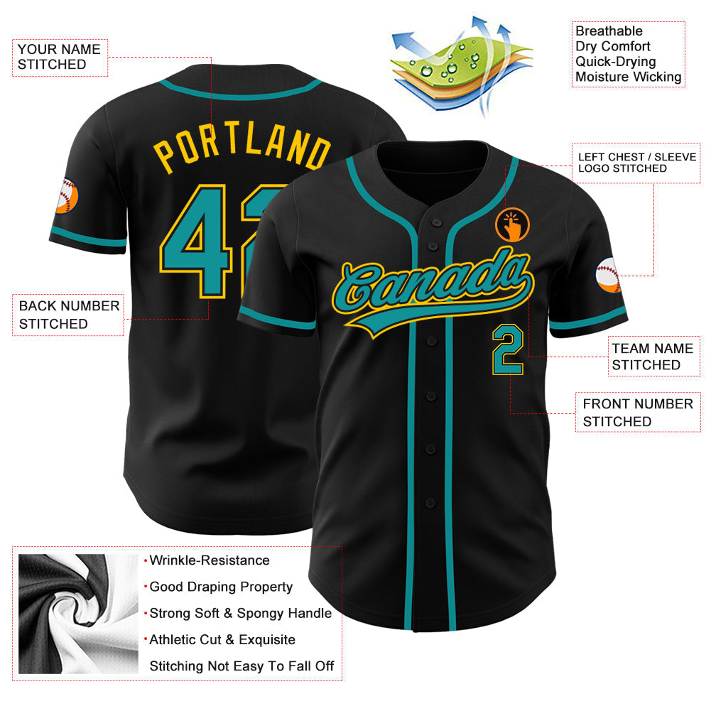 Custom Black Teal-Gold Authentic Baseball Jersey baseball jersey product view 3