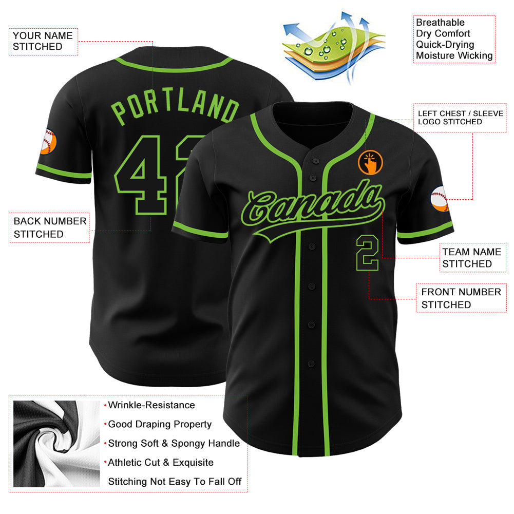 Custom Black Black-Neon Green Authentic Baseball Jersey baseball jersey product view 3