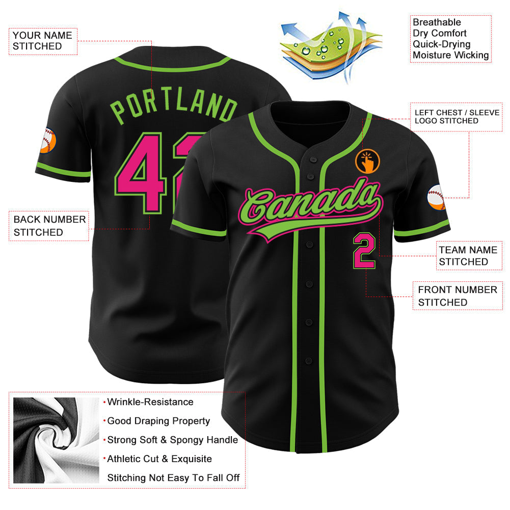 Custom Black Hot Pink-Neon Green Authentic Baseball Jersey baseball jersey product view 4
