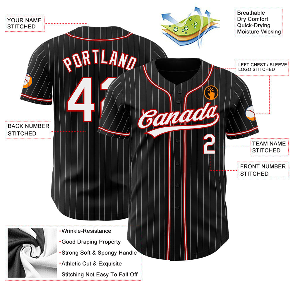 Custom Black White Pinstripe White-Red Authentic Baseball Jersey baseball jersey product view 3