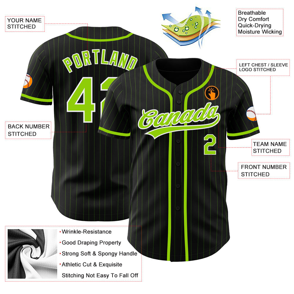 Custom Black Neon Green Pinstripe Neon Green Authentic Baseball Jersey baseball jersey product view 3