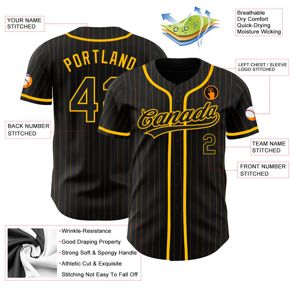 Custom Black Gold Pinstripe Black Authentic Baseball Jersey baseball jersey product view 3
