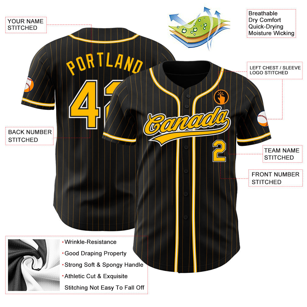 Custom Black Gold Pinstripe Gold-White Authentic Baseball Jersey baseball jersey product view 3