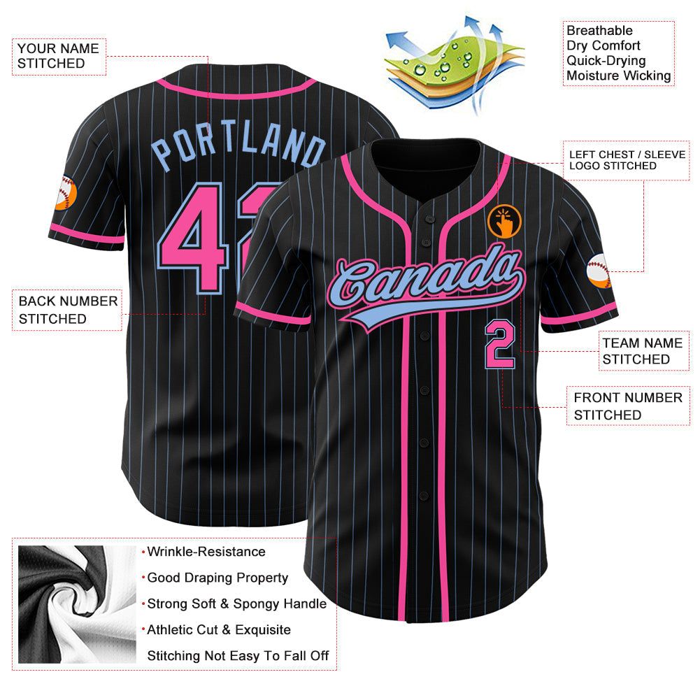 Custom Black Light Blue Pinstripe Pink Authentic Baseball Jersey baseball jersey product view 3