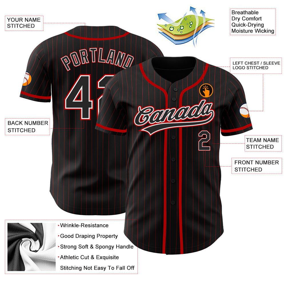 Custom Black Red Pinstripe Black Authentic Baseball Jersey baseball jersey product view 3
