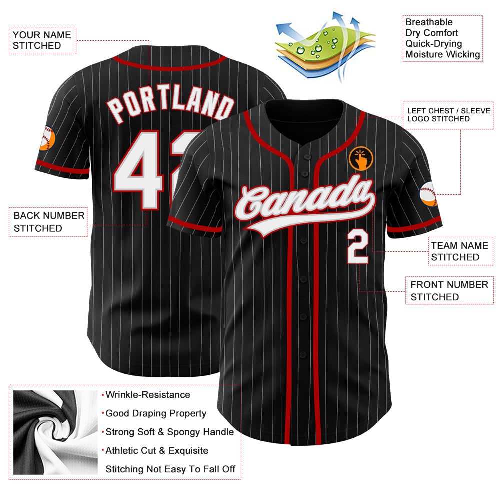 Custom Black Gray Pinstripe White-Red Authentic Baseball Jersey baseball jersey product view 3