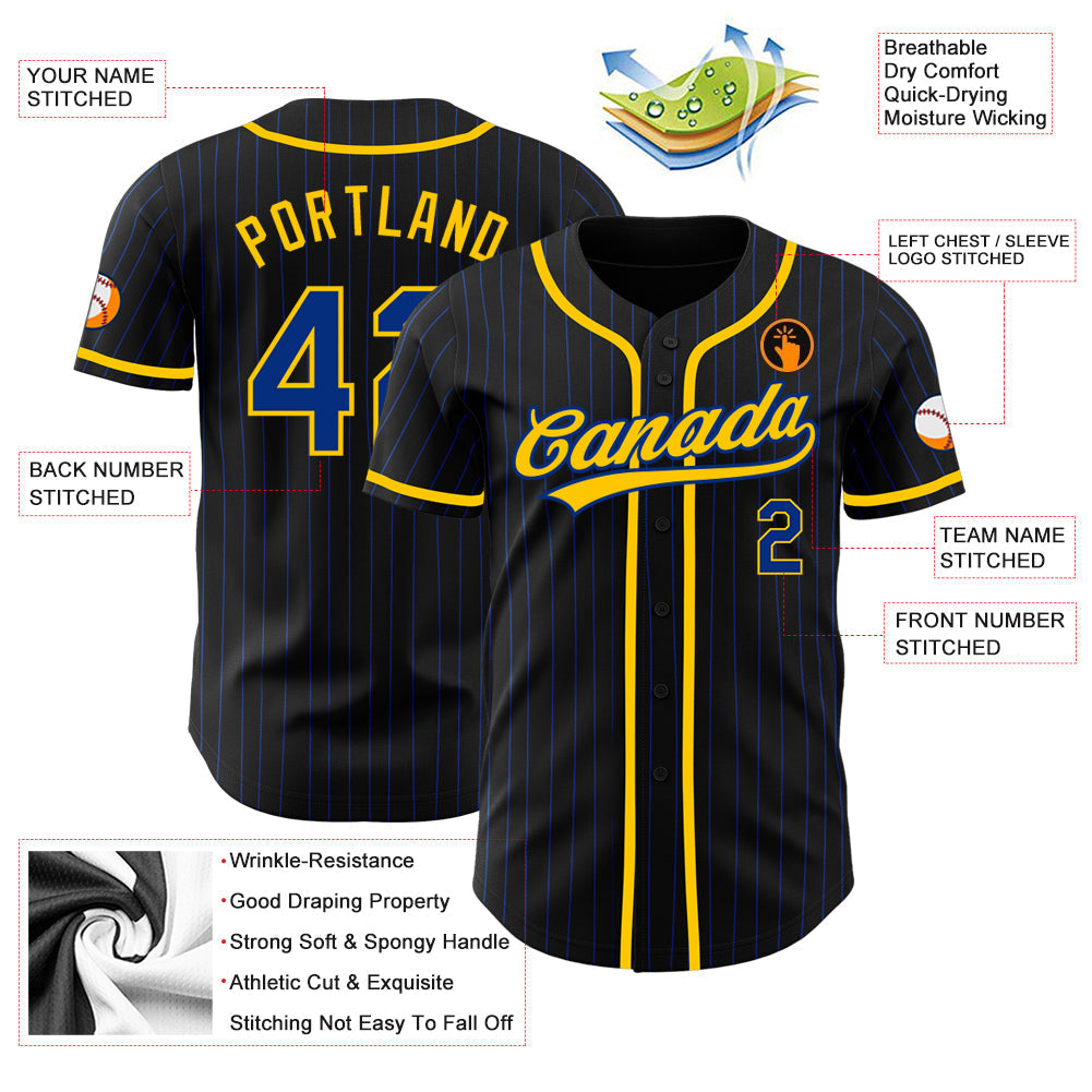 Custom Black Royal Pinstripe Royal-Yellow Authentic Baseball Jersey baseball jersey product view 3