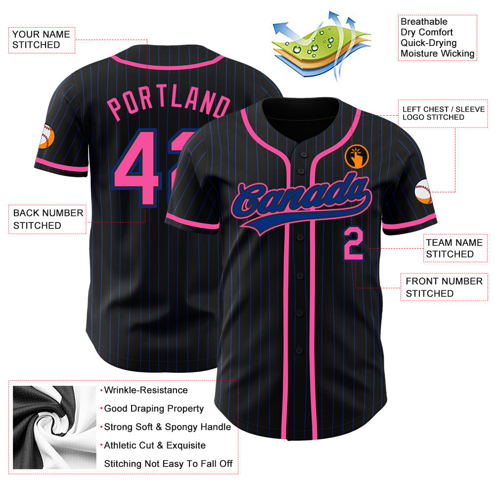 Custom Black Royal Pinstripe Pink Authentic Baseball Jersey baseball jersey product view 3