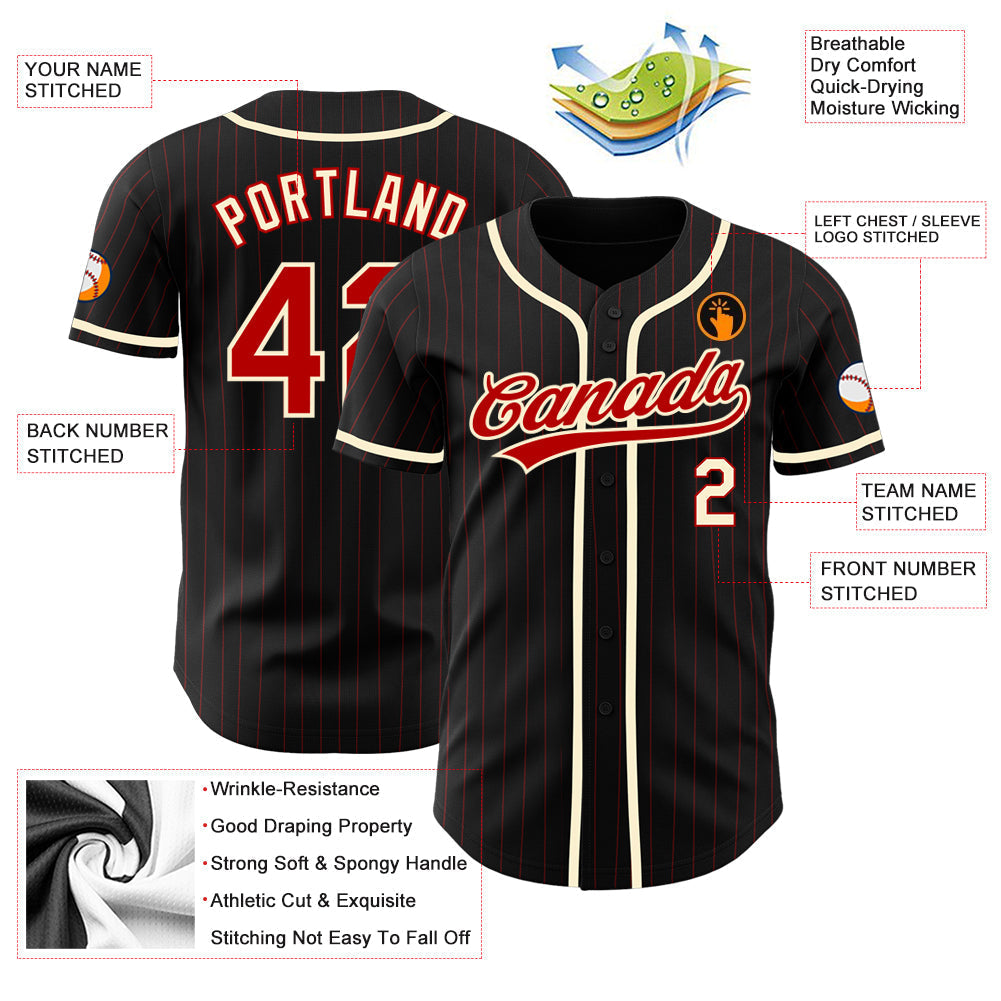 Custom Black Red Pinstripe Red-Cream Authentic Baseball Jersey baseball jersey product view 3