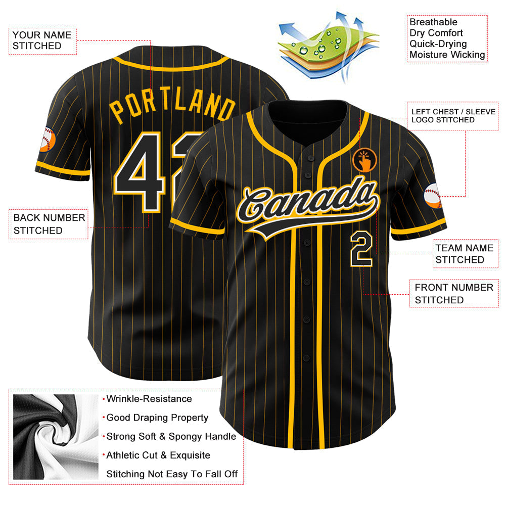 Custom Black Gold Pinstripe Black-White Authentic Baseball Jersey baseball jersey product view 3