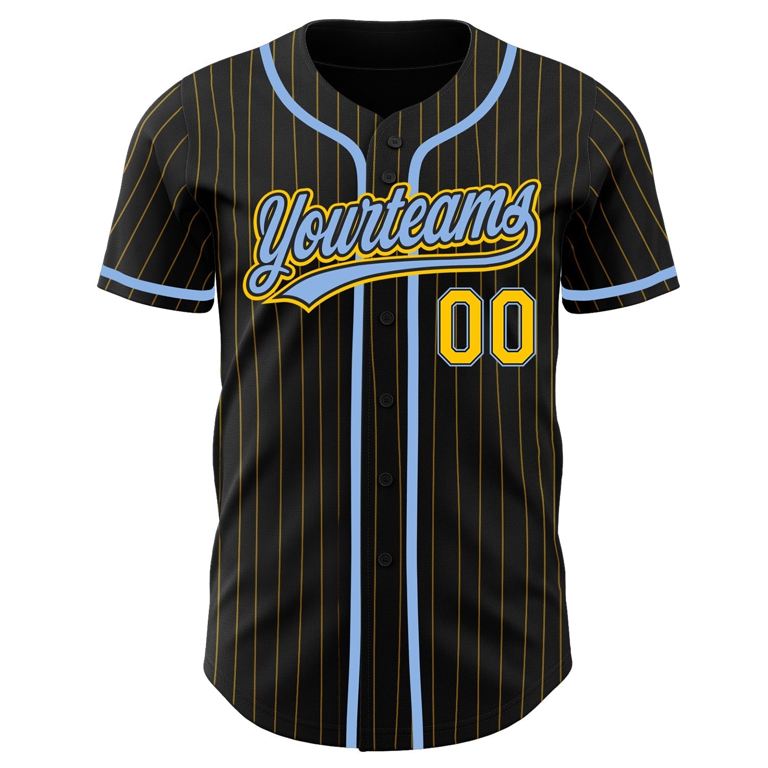Custom Black Yellow Pinstripe Light Blue Authentic Baseball Jersey baseball jersey product view 2