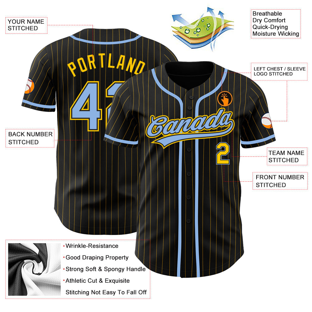Custom Black Yellow Pinstripe Light Blue Authentic Baseball Jersey baseball jersey product view 3