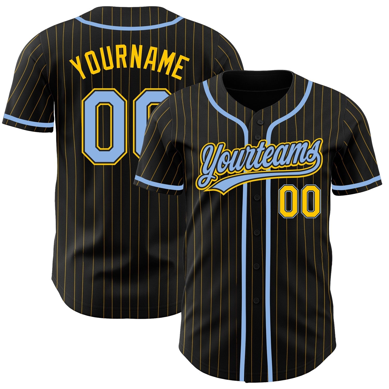 Custom Black Yellow Pinstripe Light Blue Authentic Baseball Jersey baseball jersey product view 1