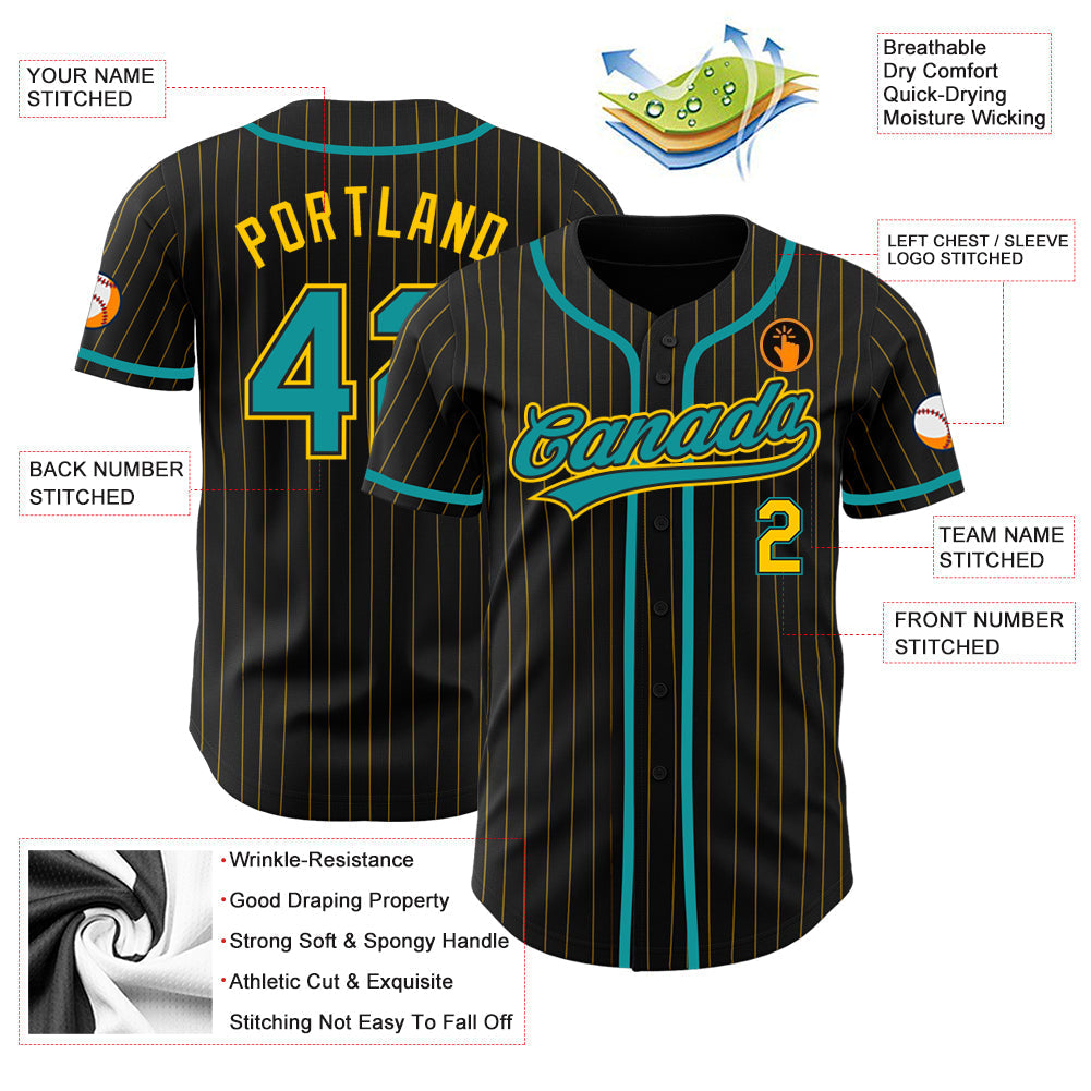 Custom Black Yellow Pinstripe Teal Authentic Baseball Jersey baseball jersey product view 3