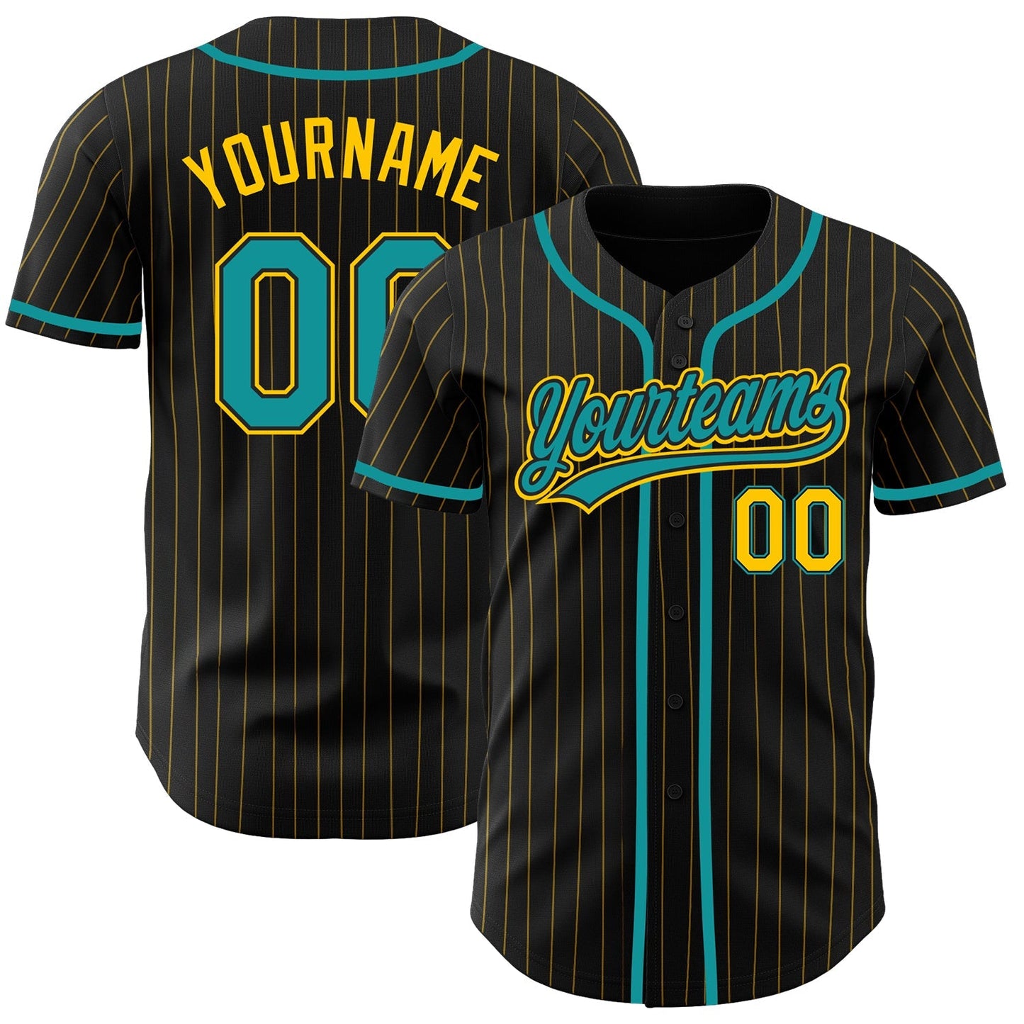 Custom Black Yellow Pinstripe Teal Authentic Baseball Jersey baseball jersey product view 1