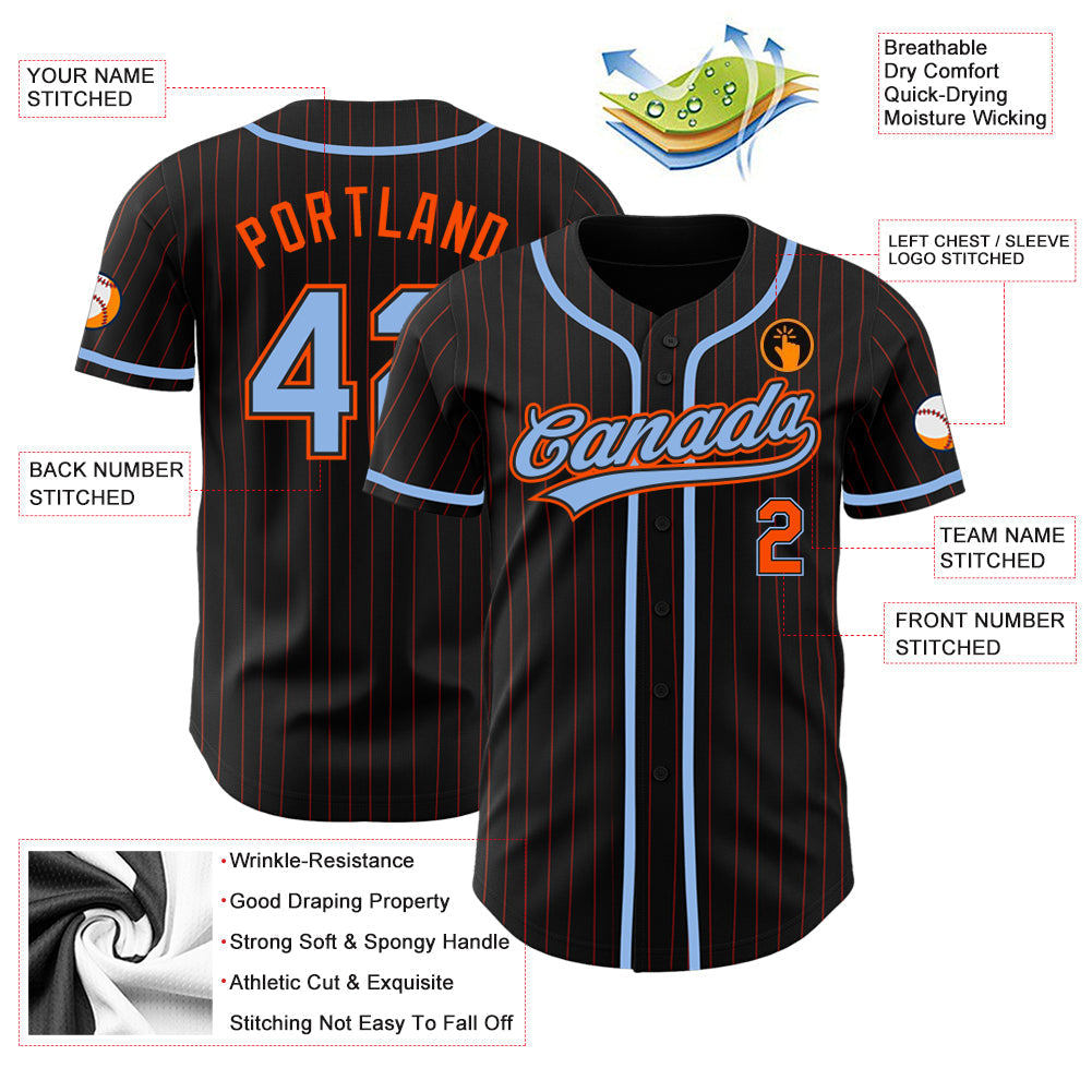 Custom Black Orange Pinstripe Light Blue Authentic Baseball Jersey baseball jersey product view 3